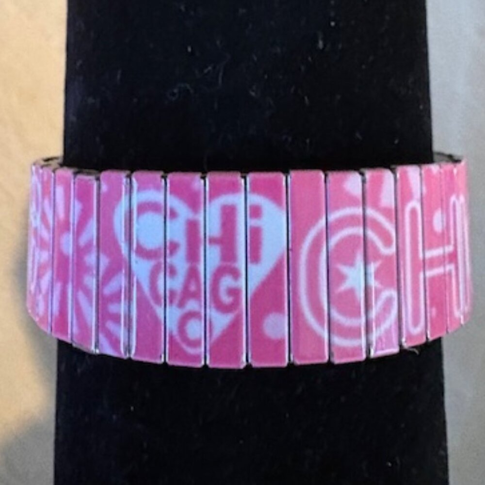 Vintage 90s Chicago Pink Enamel Stainless Steel Expansion Bracelet